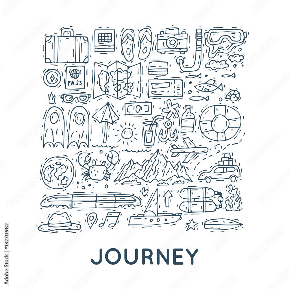 World Travel. Hand drawn. Planning summer vacations. Summer holiday, journey, traveling set of icons. Tourism and vacation theme. Flat design vector illustration.