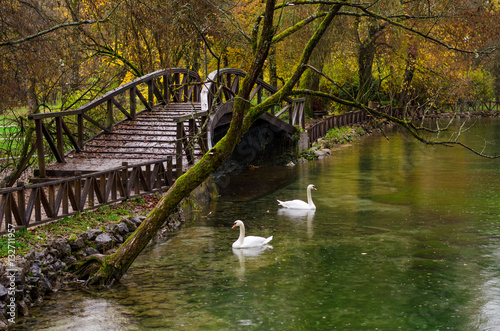 Spring of the Bosna river, small waterfall and park Vrelo Bosne near Sarajevo - Bosnia and Herzegovina photo