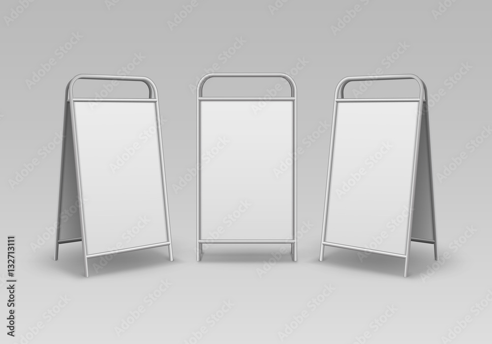 Vector Set of Metal Rectangular Empty Blank Advertising Street Handheld Sandwich Stands Sidewalk Signs Isolated on Background Vector Set of Metal Rectangular Empty Blank Advertising Street Handheld Sandwich Stands Sidewalk Signs Isolated on Background