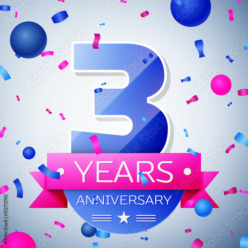 Three years anniversary celebration on grey background. Anniversary ribbon