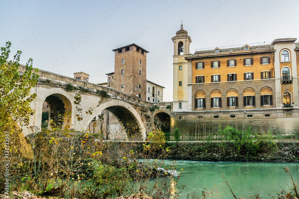 Fabricio Bridge (Ponte Fabricio), Tiber Island. Rome, Italy.