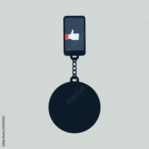 Break free from smartphone and technology addiction vector concept. Mobile phone with ball chained to it.
