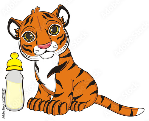 Fototapeta Naklejka Na Ścianę i Meble -  animal, cartoon, wild, cat, zoo, circus, dangerous, illustration, predator, hunter, tiger, horoscope, orange, stripes, striped, drink, milk