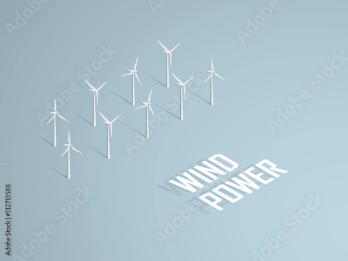 Wind power concept vector illustration with 3d  turbines in offshore farm.
