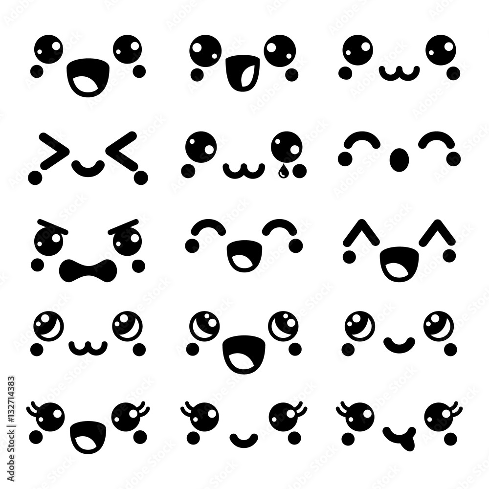 Kawaii cute faces, happy Kawaii emoticons, adorable characters design