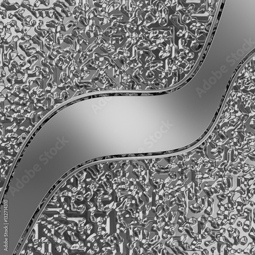 Curved metal plate on abstract extruded background. 3d illustration