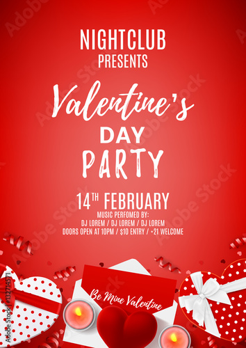 Red paty flyer for Valentine's Day. Top view on composition with gift boxes and case for ring. Beautiful banner with confetti and serpentine. Vector illustration.