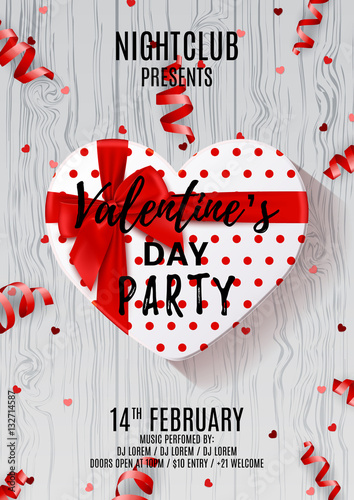 Party poster for Valentine's Day. Beautiful poster with white gift box in the form of heart. Vector illustration with serpentine and confetti on wooden texture. Invitation to nightclub.