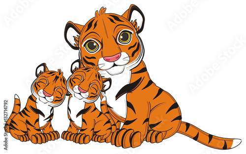 Fototapeta Naklejka Na Ścianę i Meble -  animal, cartoon, wild, cat, zoo, circus, dangerous, illustration, predator, hunter, tiger, horoscope, orange, stripes, striped, many, mother, childner