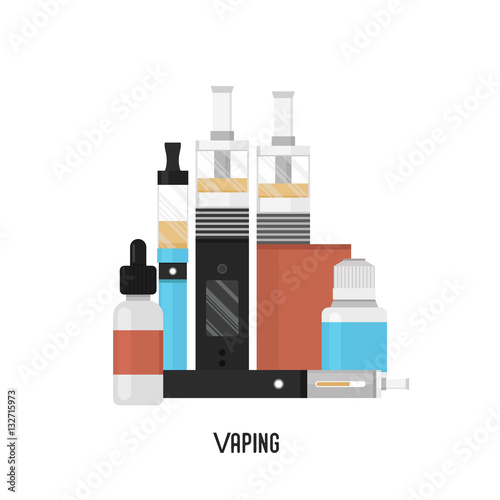 Vaping cigarette set. Vaping devices and liquids. Vape smoking.vector isolated icon set

