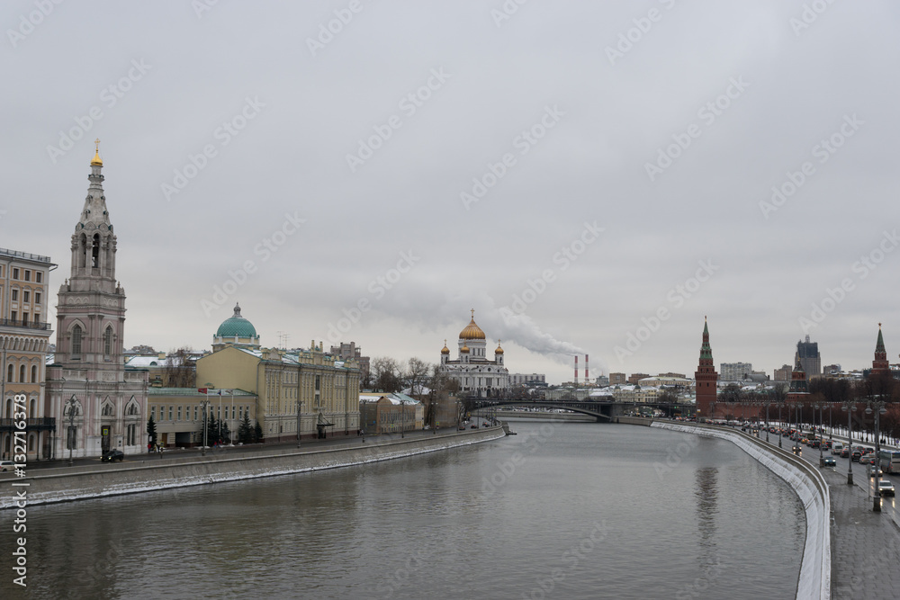 View at the Moscow center with the Kremlin wall, Moskva river and the Cathedral of Christ the Saviour, Russia

