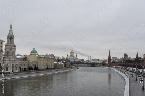 View at the Moscow center with the Kremlin wall, Moskva river and the Cathedral of Christ the Saviour, Russia