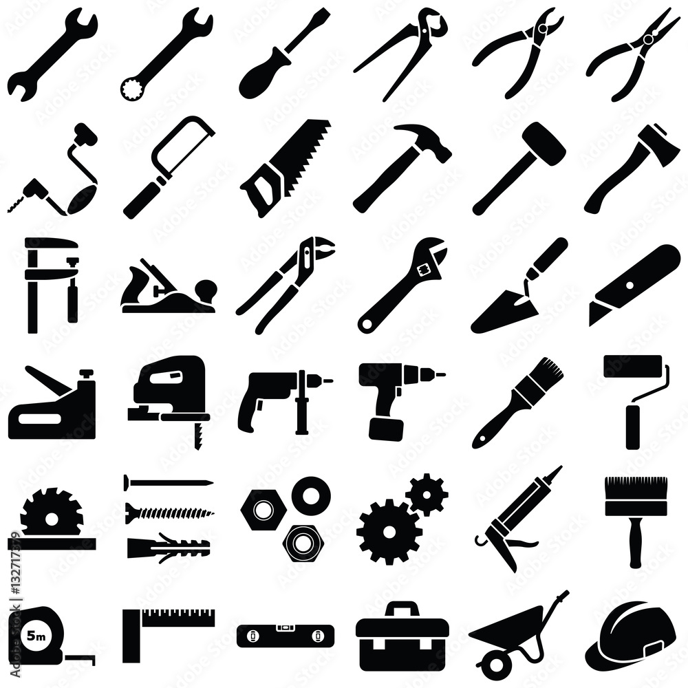 Construction Tool Collection Vector Silhouette Stock Illustration