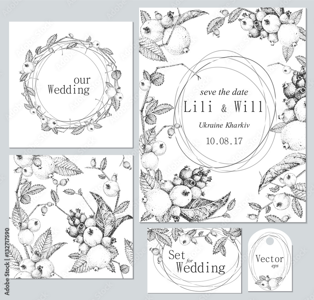Set of templates for celebration, wedding. Black and white. Vector illustration. Composition of autumn berries, leaves. Pointillism style. Set of templates for celebration, wedding. Black and white. Vector illustration. Composition of autumn berries, leaves. Pointillism style.