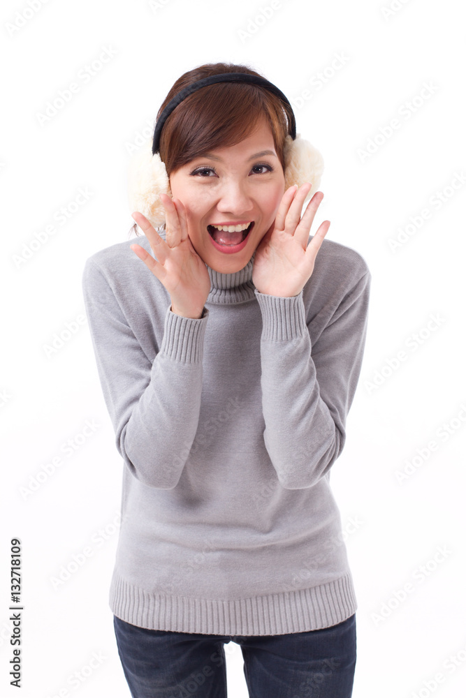 exited and happy woman shouting, talking, communicating, fall or winter dress, studio isolated exited and happy woman shouting, talking, communicating, fall or winter dress, studio isolated