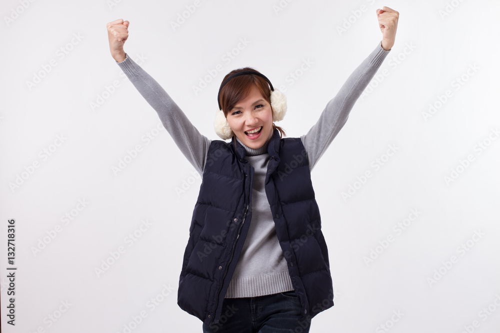 exited, successful, smiling, happy woman opens arms, studio isolated, young adult asian woman model