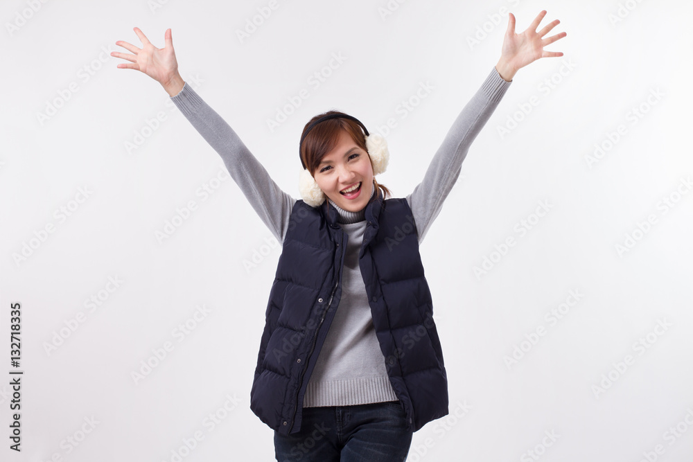 exited, successful, smiling, happy woman opens arms, studio isolated, young adult asian woman model exited, successful, smiling, happy woman opens arms, studio isolated, young adult asian woman model