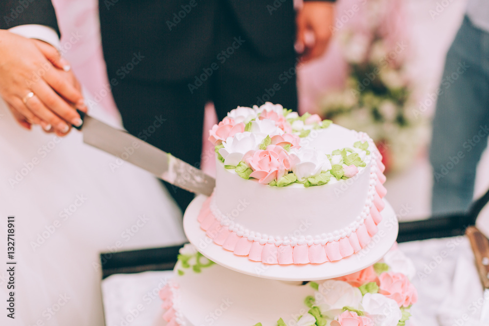 Wedding ceremony. Bride and groom cutting cake. Wedding ceremony. Bride and groom cutting cake.