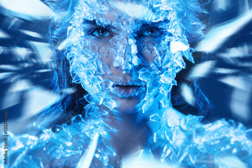Female face covered with a small pieces of glass - obrazy, fototapety, plakaty 