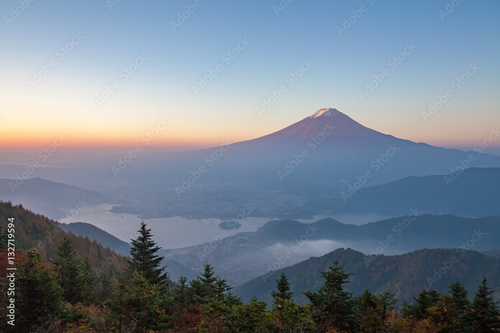 View of Mountain Fuji and Kawaguchiko lake in morning autumn season seen from Shindotoge view point
