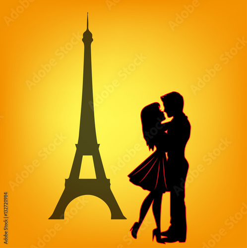 Vector illustration of lovers silhouette in Paris, silhouette innamorati vettoriali a Parigi