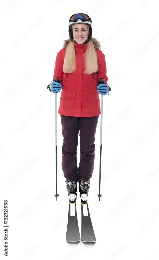 Attractive girl skier on white background. Attractive girl skier on white background.