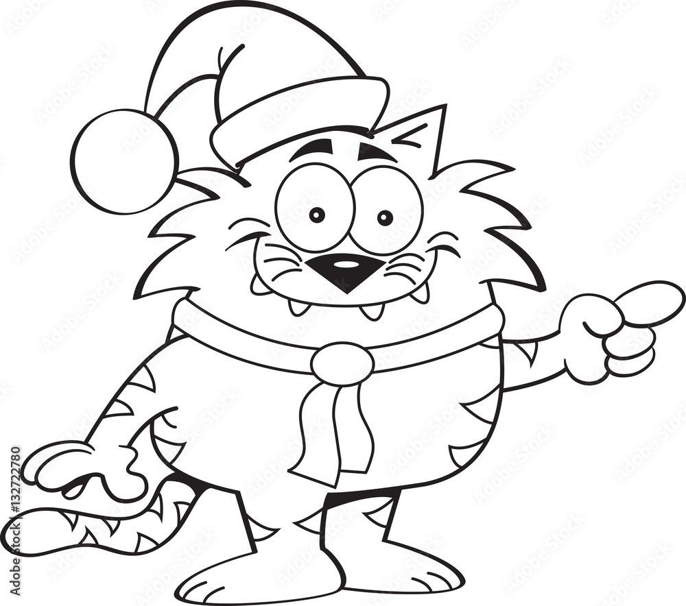 Black and white illustration of a cat wearing a Santa hat and pointing.