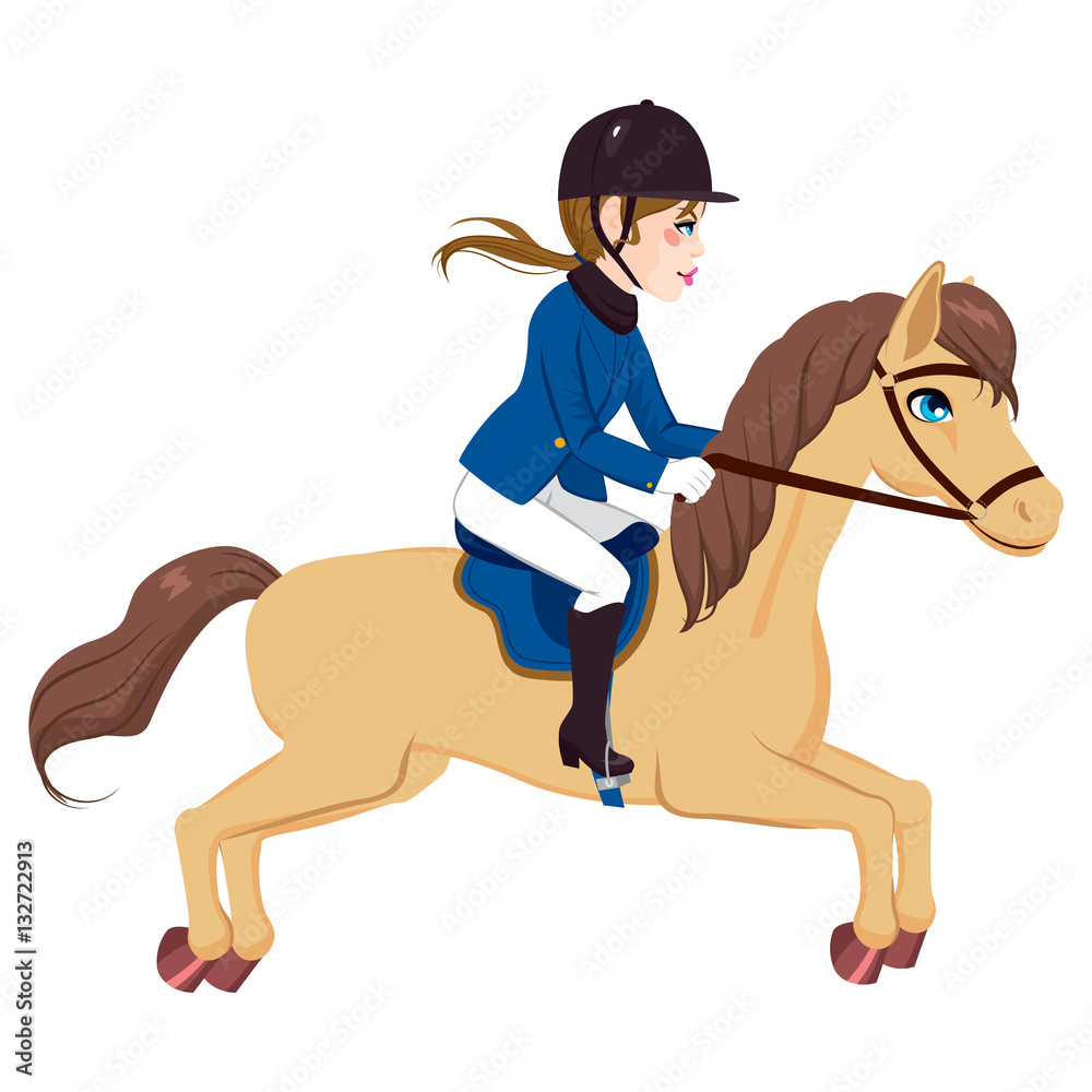 Beautiful equestrian woman riding and running with horse