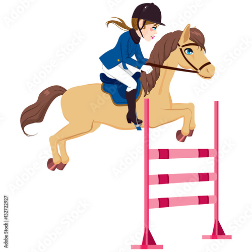 Equestrian young woman jumping obstacle with horse on show