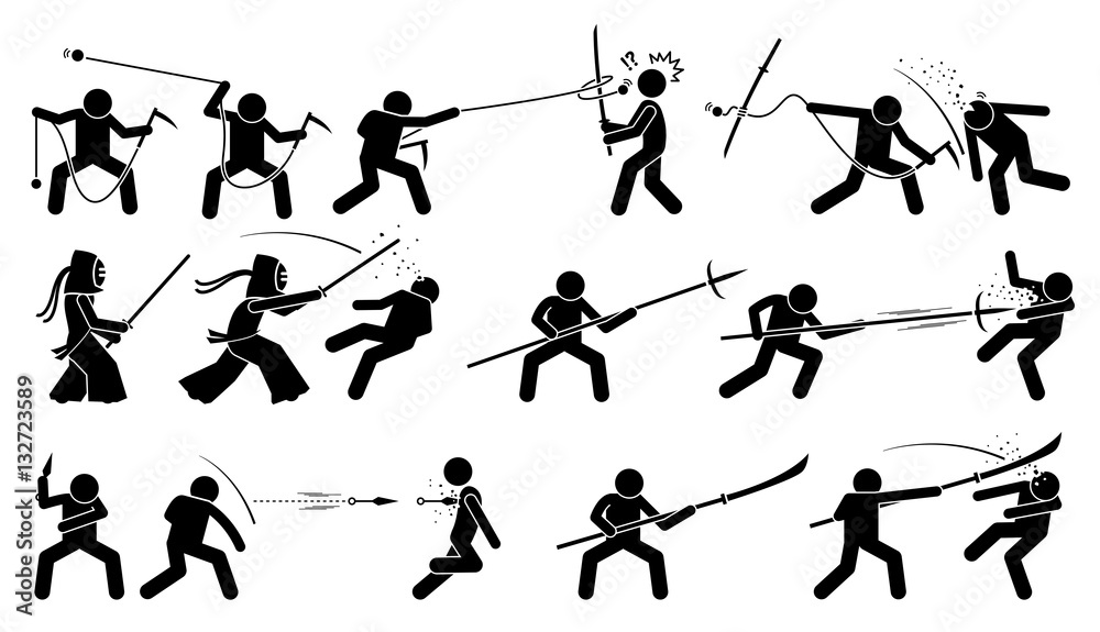 Man attacking opponent with traditional Japanese melee fighting weapons. These weapons include kusarigama, kendo, magari yari, kunai, and glaive. Man attacking opponent with traditional Japanese melee fighting weapons. These weapons include kusarigama, kendo, magari yari, kunai, and glaive.