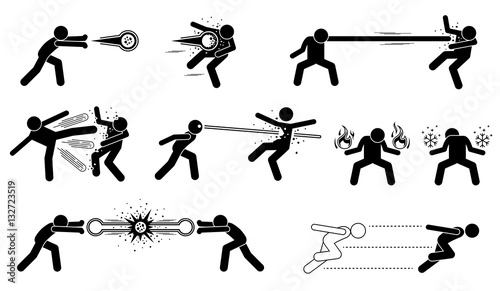 Comic characters special powerful attack. These are super human releases fireball, elastic man with stretchy punch, thousand kicks, laser eyes, creating fire and ice element, and hyper speed moves.