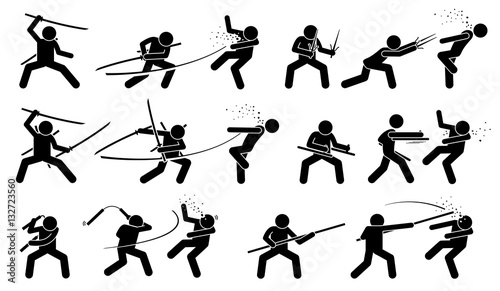Man attacking opponent with traditional Japanese melee fighting weapons. These weapons include sword, sai, tonfa, nunchaku, and bo staff.