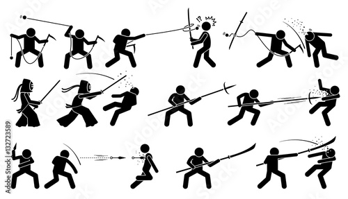 Man attacking opponent with traditional Japanese melee fighting weapons. These weapons include kusarigama, kendo, magari yari, kunai, and glaive.