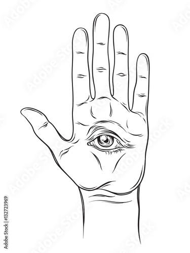 Spiritual hand with the allseeing eye on the palm. Occult design isolated vector illustration