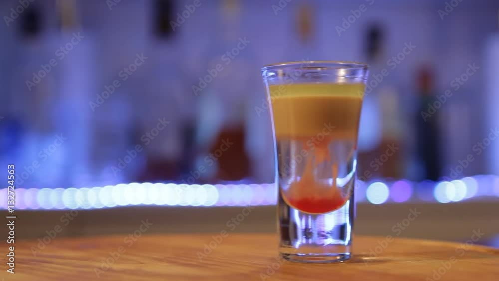 Hiroshima alcoholic cocktail, bomber shot, close up, moving camera Hiroshima alcoholic cocktail, bomber shot, close up, moving camera