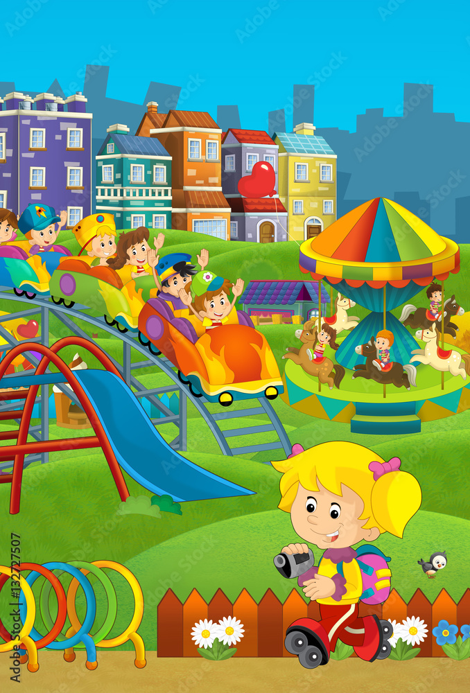 Cartoon happy and funny traditional scene with amusement park and kids  playing - illustration for children Stock Illustration | Adobe Stock