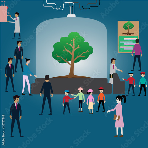 Illustrator,human come to visit trees in museum.