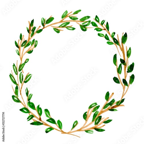 Beautiful hand drawn watercolor vintage wreath with green leaves and brown brunches, isolated on white background. Vector illustration.