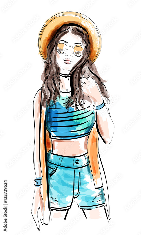 Fashion model in hat. Sketch woman. Vector illustration.