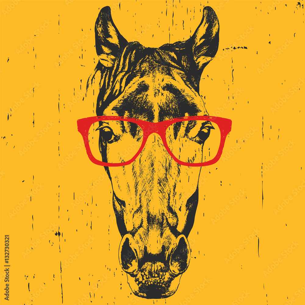 Portrait of Horse with glasses. Hand drawn illustration. Vector Stock