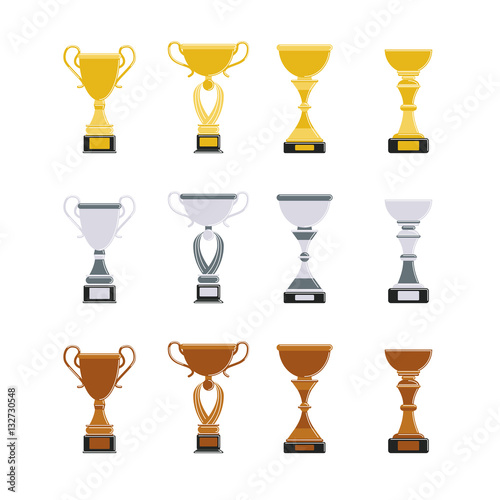 Different cups set on white background. Golden, silver and bronze trophies.