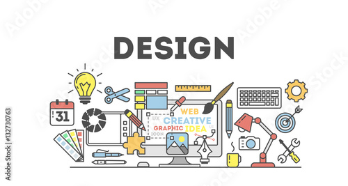 Design concept illustration on white. Idea of making design products. Design word with many icons as calendar, light bulb, pencils and more.
