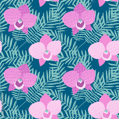 Hand drawn seamless pattern with Phalaenopsis pink orchid flowers and palm leaves. Tropical jungle design, vector illustration background.