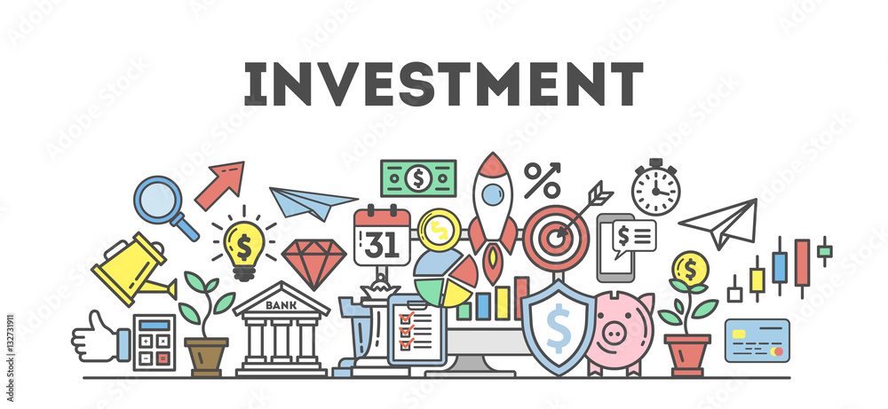 Investment icons set on white background. Colorful creative icons as piggy bank, arrows, gear, money and rocket. All icons in a heap.