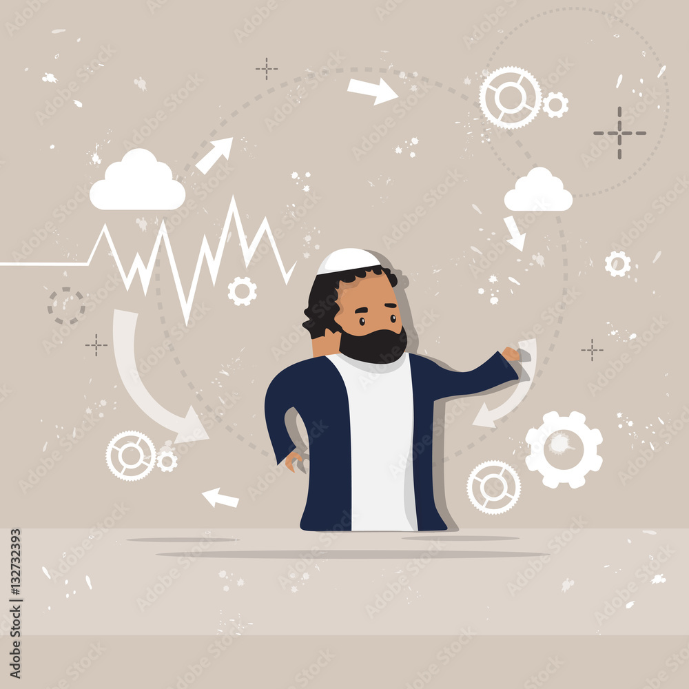 Fototapeta premium Arab Business Man Showing Finance Chart Graph Report Vector Illustration