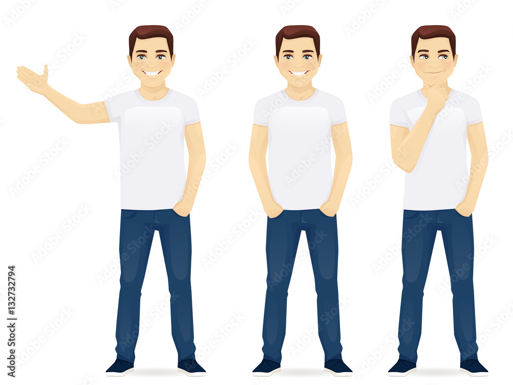 Young man in jeans standing in different poses isolated Stock Vector ...