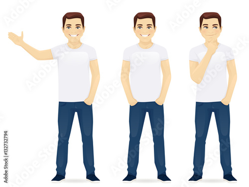 Young man in jeans standing in different poses isolated