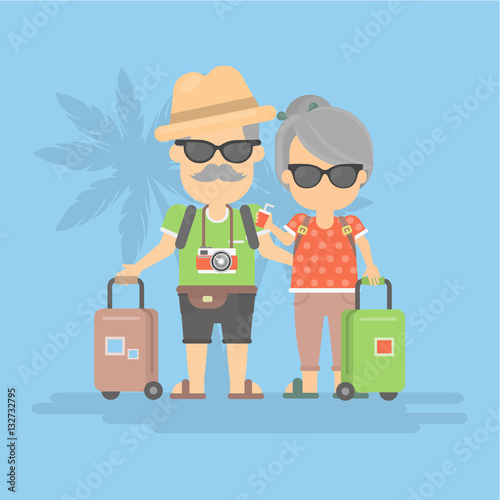 Isolated retired couple on vacation. Happy funny grandparents in sunglasses with cameras and suitcases.