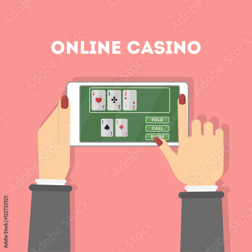 Online casino in the tablet. Hands holding device with gambling game. Gaming addiction. Woman.