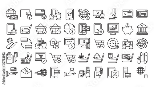 Online payments icons set on white background. Money, tablet, basket and other icons.
